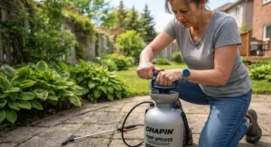 Step-by-step demonstration of how to pressurize a pump garden sprayer for effective weed control in home gardens.