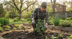Gardener installing heavy-duty tomato cages for heavy plants early in the Canadian growing season.