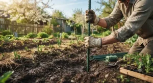 Gardener installing metal plant stakes into rich soil for a spring vegetable garden.