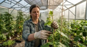 Gardener carefully installing reusable plant clips on climbing vine vegetables in a greenhouse.