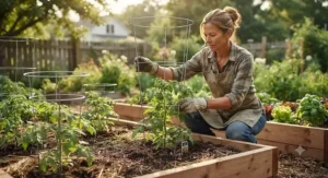 A gardener installing wire tomato cages over young tomato plants in raised beds.