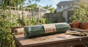 A multi-pack of green metal plant stakes ready for use in a home vegetable garden.