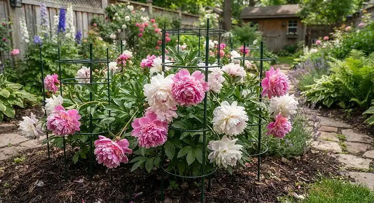 Metal plant stakes supporting heavy peony blossoms in a Canadian garden.