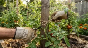 Close-up of twine tying a tomato stem to a wooden stake during summer pruning.