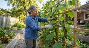 A gardener pruning and training cucumber vines on a wooden garden trellis.