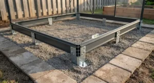 A strong reinforced aluminum base anchored securely for a 6x8 greenhouse kit on level ground.
