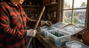Storing reusable plant clips away for the Canadian winter season in a garden shed.