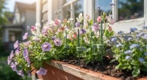 Reusable silicone plant ties holding delicate flower stems upright in a sunny window box.