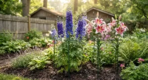 Single-stem plant support rings used as plant stakes for tall garden flowers.