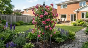 A rust-resistant metal garden obelisk showcasing blooming pink climbing roses.