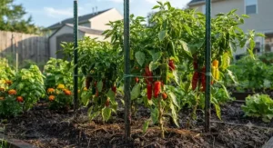 Rust-resistant metal plant stakes lined up neatly after the Canadian growing season.