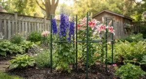 Weather-resistant metal plant stakes for tall flowers built for Canadian weather conditions.
