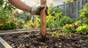 A wooden stake being driven deep into garden soil to support a growing tomato plant.