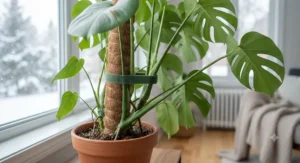 Soft plant ties supporting delicate stems on a potted monstera indoors during Canadian winters.