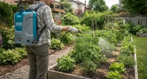 Applying organic treatment to a vegetable patch using a reliable backpack sprayer for large gardens.