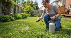 Spring garden maintenance in Canada involving targeted dandelion and weed control with a manual pump sprayer.