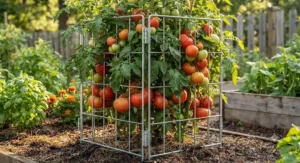 Square folding tomato support cage designed to secure heavy crops throughout the growing season.