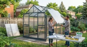 DIY assembly process for a 6x8 greenhouse kit showing clear framing structure and panels.