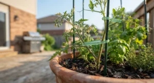 Stretchable plant ties expanding alongside growing delicate stems in a Canadian patio planter.