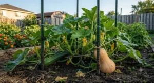 Sturdy metal plant stakes supporting heavy sprawling squash vines in a backyard garden.