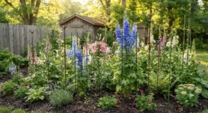Assorted plant stakes for tall flowers installed in a thriving perennial flower bed.