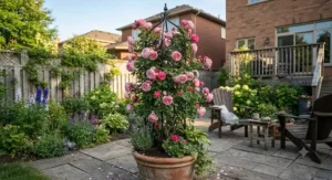 A tall obelisk trellis displaying vibrant climbing roses on a backyard patio.