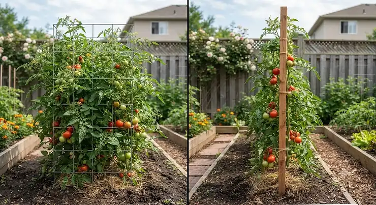 Side-by-side comparison illustrating tomato cages vs stakes for tomato plants in a Canadian home garden.