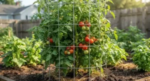 A lush tomato plant growing upright inside a heavy-duty wire tomato cage.