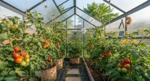 Lush tomato plants thriving inside a 6x8 greenhouse kit during a warm summer day in Canada.