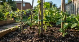 Close-up of twist ties supporting young vegetable plants in a backyard Canadian garden.