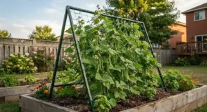 A value-pack garden trellis under $40 CAD featuring a sturdy wire frame and mesh netting for climbing pole beans.