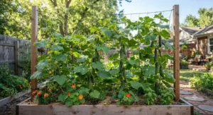 A vertical netting trellis for cucumbers installed over a wooden raised garden bed.