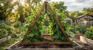 Folded weather-resistant trellis netting for climbing vegetables ready for storage after the Canadian growing season.