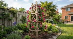 A durable wooden garden obelisk designed for climbing roses, suited for Canadian winters.