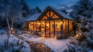 A 10x12 greenhouse for serious gardeners illuminated at dusk in a suburban backyard landscape.