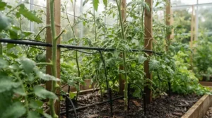 Drip irrigation system watering tomato vines inside a spacious 10x12 greenhouse for serious gardeners.