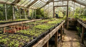 A 10x12 greenhouse for serious gardeners equipped with multi-tier shelving for early spring seed starting.