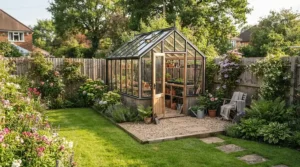 A backyard setup featuring a compact 6x8 greenhouse for vegetable growing in a suburban yard