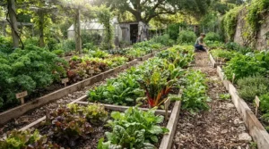 Various leafy greens growing inside a 6x8 greenhouse for vegetable growing for crop rotation