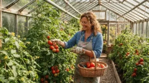 Harvesting ripe tomatoes in autumn using a 6x8 greenhouse for vegetable growing for season extension
