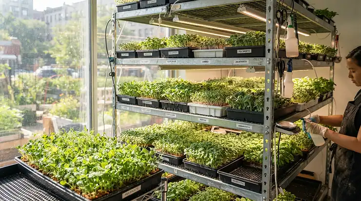 Green seedlings sprouting on shelves inside a 6x8 greenhouse for vegetable growing