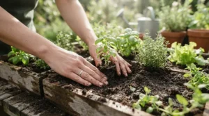A gardener planting seeds inside a 6x8 greenhouse for vegetable growing during a Canadian spring day