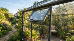 Open roof vent on a 6x8 greenhouse for vegetable growing managing summer heat