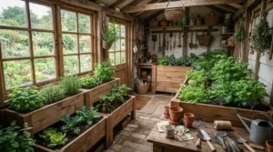 Interior view of a 6x8 greenhouse for vegetable growing featuring organized raised garden beds