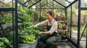 An 8x10 greenhouse for small farms built with an aluminum frame, shown in a backyard organic garden.