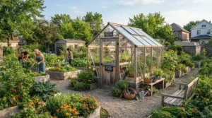 An 8x10 greenhouse for small farms situated in a shared community garden plot for local food production.