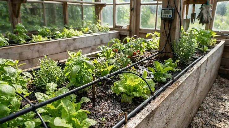 An 8x10 greenhouse for small farms equipped with an efficient drip irrigation system for urban agriculture.