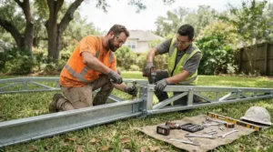 Step-by-step kit assembly of an 8x10 greenhouse aluminum frame outdoors
