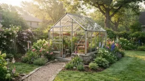An 8x10 greenhouse kit fully assembled in a lush suburban backyard in Ontario