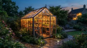 An 8x10 greenhouse kit illuminated from within by warm solar lights at dusk